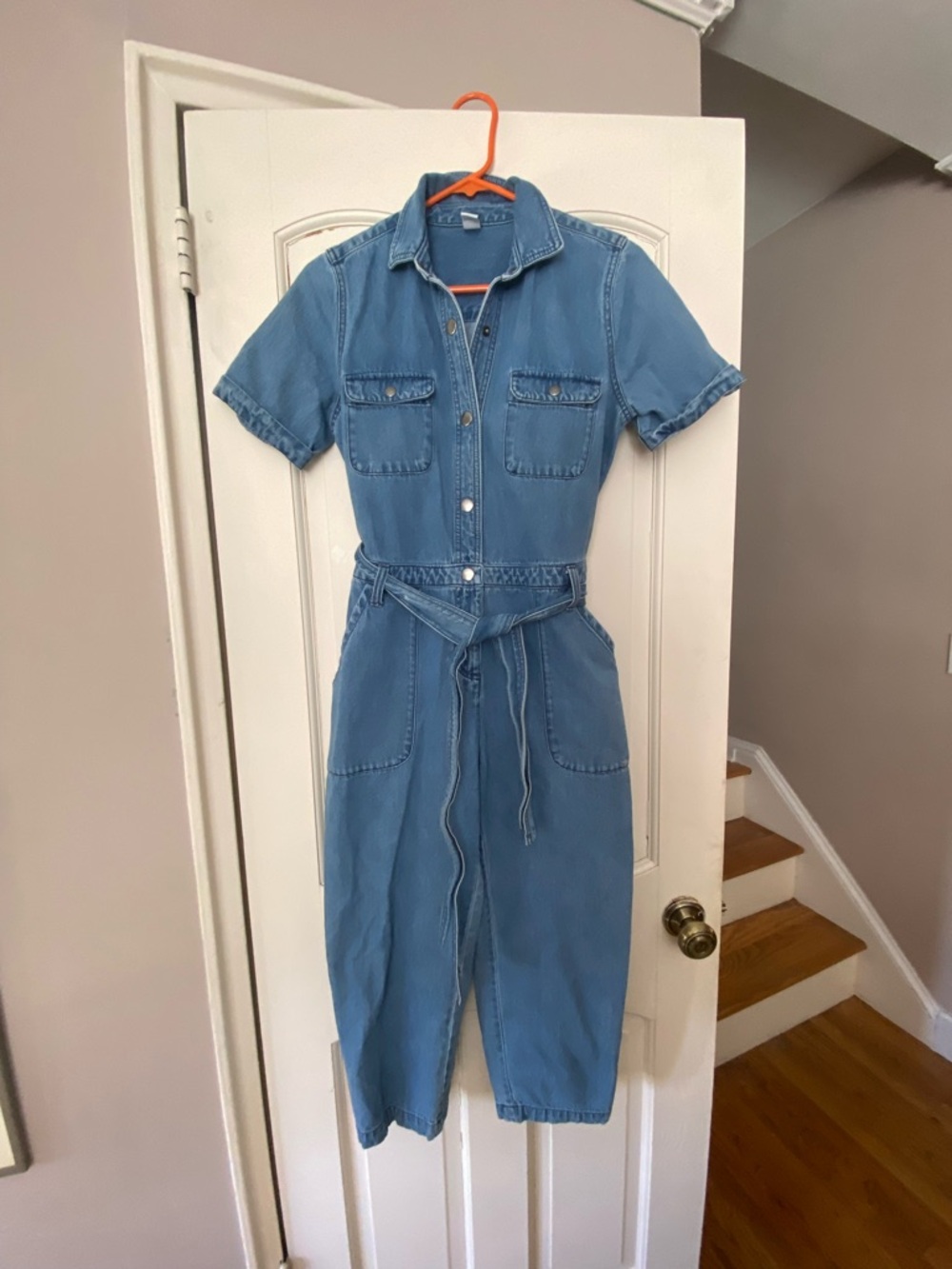 Old Navy Light Blue Denim Short-Sleeve Jumpsuit with Tie Waist